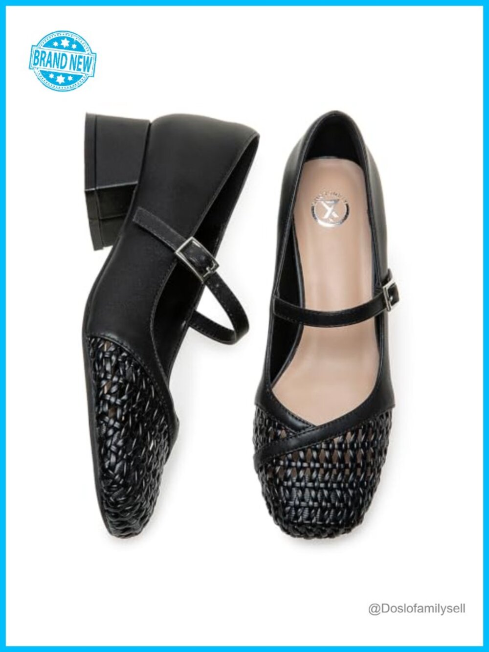 Women's Mary Jane Pumps Woven Toe Low Block Heel Faux Leather Dress Shoes